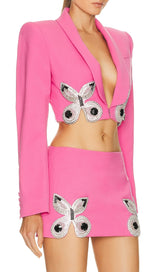 EMBELLISHED BUTTERFLY CROPPED BLAZER IN PINK