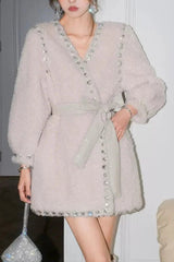 Beige V-Neck Long Sleeve Diamond Stud Coat