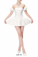 sherry Flower strapless puffy mini dress in white