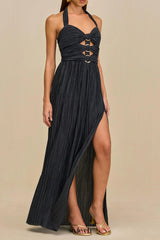 bonnie halter pleated cutout maxi dress in navy blue