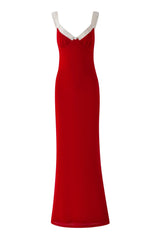 red Bustier maxi dress with a v-neckline