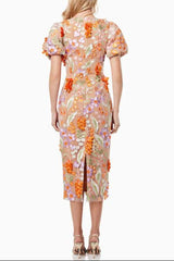 Mesh embroidered 3D flower V-neck puff sleeves midi dress in orange