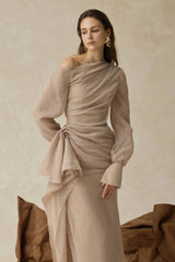 brianna Asymmetric Long Sleeve pleated maxi Dress in beige