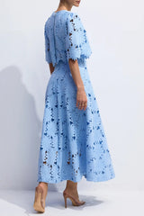 Lace Embroidered Top & Maxi Skirt Two-Piece Set in blue