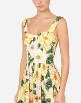 Camellia-print poplin midi dress in yellow
