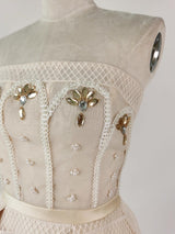 TERESA BEIGE A-LINE STRAIGHT ACROSS NECK LACE MINI DRESS