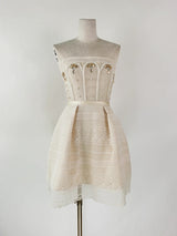 TERESA BEIGE A-LINE STRAIGHT ACROSS NECK LACE MINI DRESS