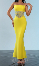 mesh splice rhinestone decor yellow maxi bandage dress