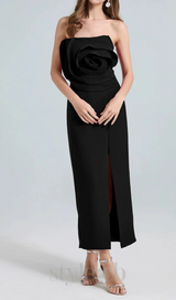 michelle 3d flower strapless midi dress in black