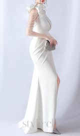 DEBBY WHITE ONE SHOULDER FLOWER CUT OUT SLIT MAXI DRESS