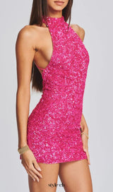 Sequin Halter Backless Mini Dress in Pink