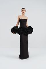 black strapless maxi dress with flower embellishments