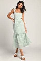 Mint Smocked Tie-Back Tiered Midi Dress