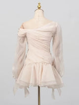 Apricot Ruffle Diagonal Long Sleeve Mini Dress