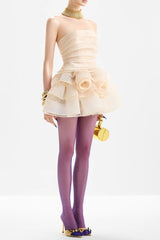 coral off-shoulder layer trim flower mini dress in apricot