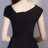 ASYMMETRIC SLEEVE PEARLS MIDI DRESS IN BLACK