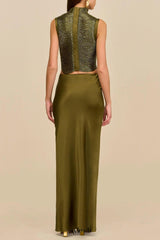 Sleeveless Turtleneck Tassel Paneled Top and Satin Skirt Set in green