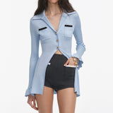 diana Blue Ribbed Viscose Knit Longline Top