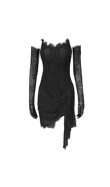 STRAPLESS LACE APPLIQUES MINI DRESS IN BLACK