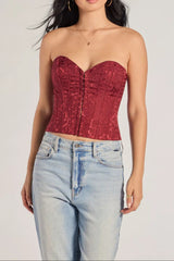 brocade satin strapless corset top in burgundy