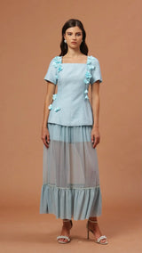 ursula blue Short Sleeves Flowers Folds Top And Skirt Two-Piece Set