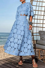 Lace Embroidered Top & Maxi Skirt Two-Piece Set in blue