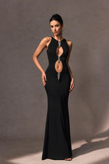 Crystal Embellished Cutout Maxi Dress in black