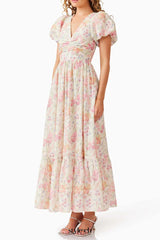 V-neck puff sleeves floral maxi dress in pink