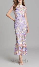 FLORAL EMBROIDERY MESH FISHTAIL MIDI DRESS IN PURPLE