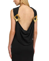 black sleeveless backless knit midi dress with two pleated golden embellishments