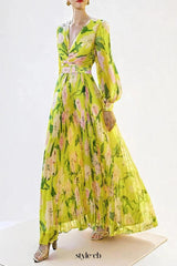 V-neck silk printed pleated maxi dress in yellow