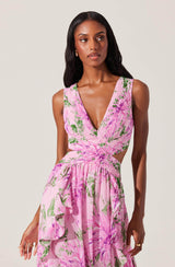alyssa ruffle floral cutout maxi dress in pink