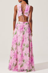 alyssa ruffle floral cutout maxi dress in pink