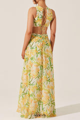 alyssa ruffle floral cutout maxi dress in yellow