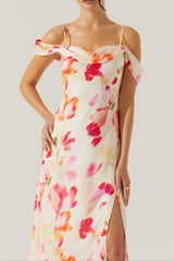 satin slit cold shoulder maxi dress in pink watercolor