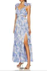 v -neck floral print cutout maxi dress in blue