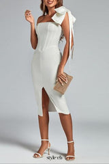bow one-shoulder slit midi dress in white