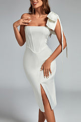 bow one-shoulder slit midi dress in white