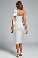 bow one-shoulder slit midi dress in white