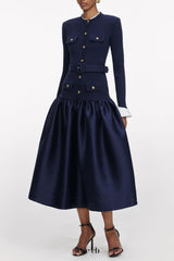 jane Navy Knit Taffeta Midi Dress