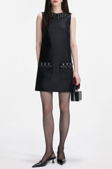 maggie Black Taffeta Embellished Trim Mini Dress