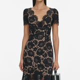 ashley Floral Lace hollow Midi Dress in black