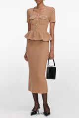 natalie Camel Peplum Knit Midi Dress