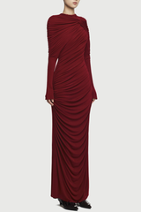 bonnie long sleeve pleated knot bodycon maxi dress in red