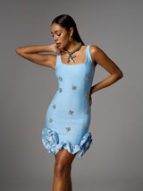 rachel Rhinestone Flower Bandage Mini Dress in blue