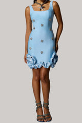 rachel Rhinestone Flower Bandage Mini Dress in blue