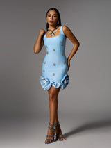 rachel Rhinestone Flower Bandage Mini Dress in blue