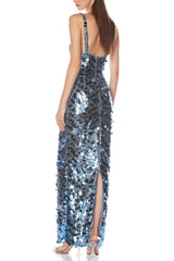 roberta Deep V-Neck Sequin Column Gown in blue