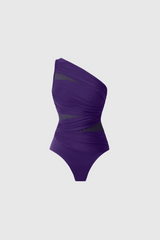 mamie Single Shoulder Mesh Ruch Swimsuit In Purple