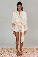 hermosa Balloon Sleeve Ruch Ruffle Mini Dress In Apricot